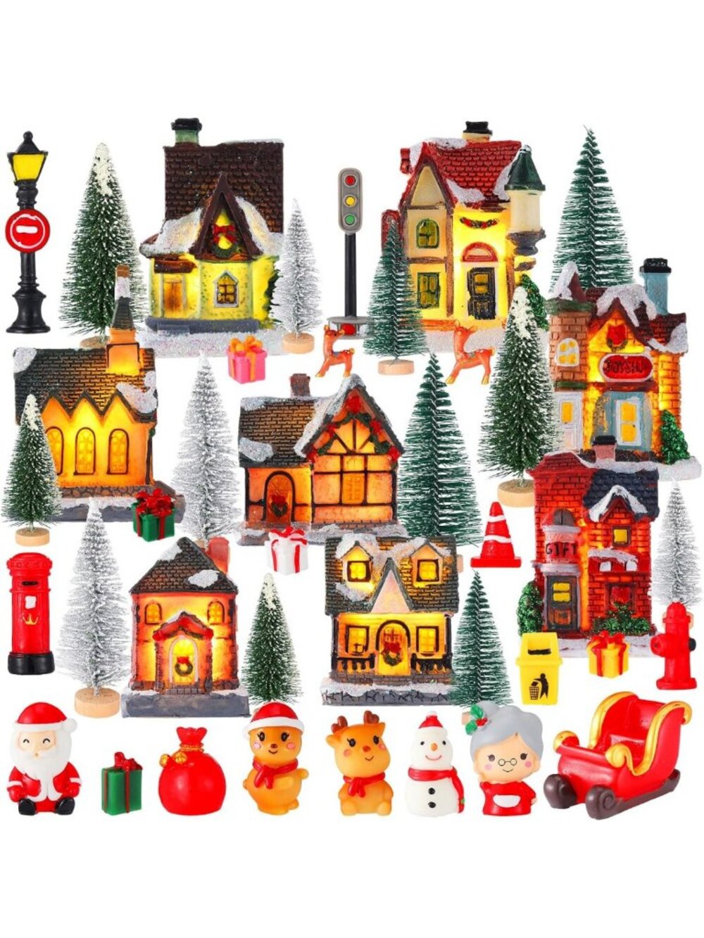 40 Pcs Lighted LED Christmas Village Set with Miniature Houses & Figurines Decor